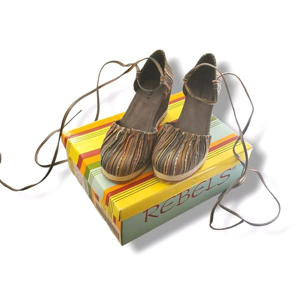 Y2k Vintage Rebels Ballet Lace Up Espadrille Wedges Gray Multi EUC Sz 6.5
